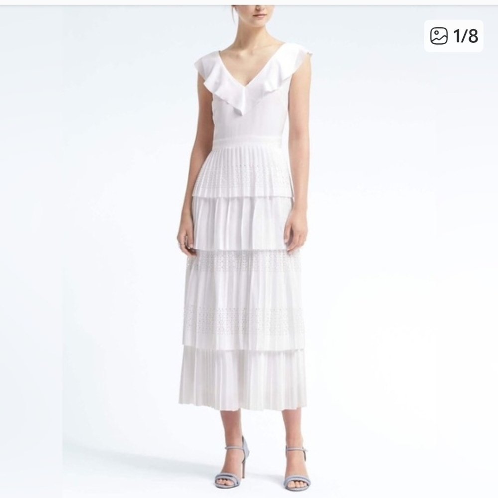 Banana Republic White Sleeveless Tiered Midi Dress - Size 12 - Picture 3 of 11